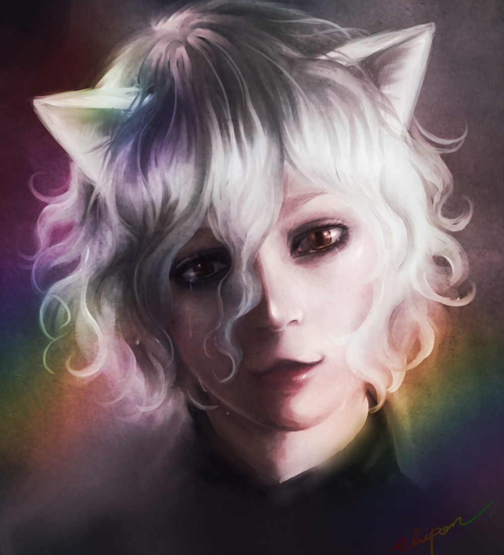 animal_ears brown_eyes bust cat_ears crying curly_hair hunter_x_hunter nefelpitou pooton0828 realistic short_hair signature silver_hair solo tears