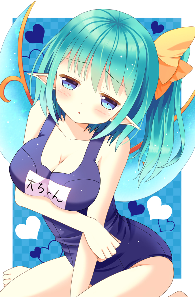 1girl :o alternate_costume aqua_eyes blush breast_hold breasts daiyousei green_hair hazakura_satsuki heart heart_background name_tag open_mouth pointy_ears school_swimsuit side_ponytail sitting solo sunken_cheeks swimsuit tagme touhou translation_request wings