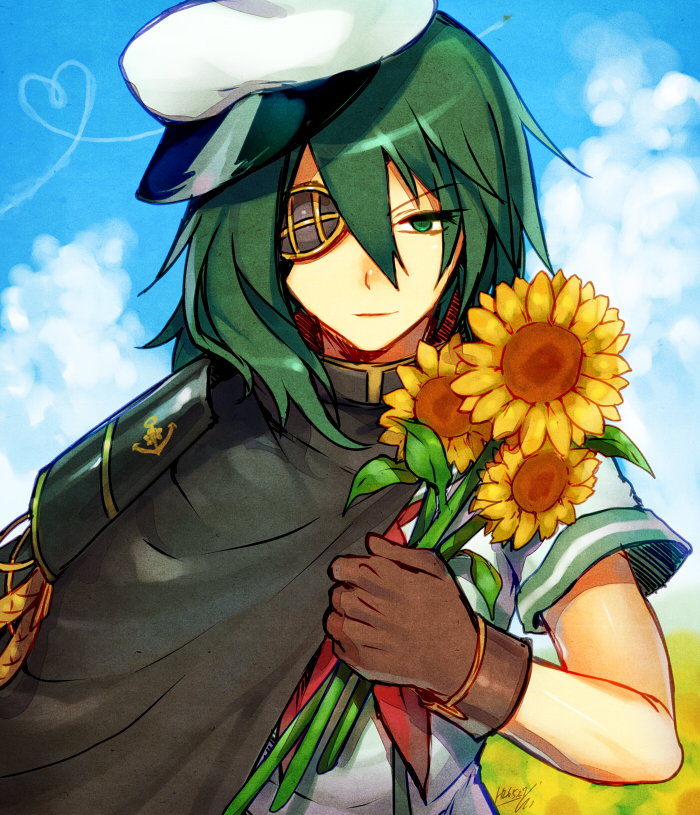 1girl cape eyepatch flower green_eyes green_hair kantai_collection kiso_(kantai_collection) ot-nm personification sunflower