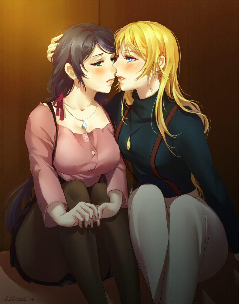 2girls ayase_eli blonde_hair blue_eyes blush breasts green_eyes hand_on_another's_head incipient_kiss long_hair love_live!_school_idol_project multiple_girls ponytail purple_hair sitting skirt toujou_nozomi twintails yuri
