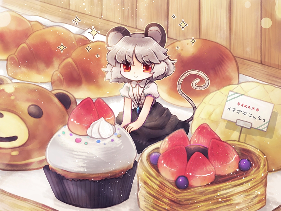 1girl :&gt; alternate_costume animal_ears biyon blouse blueberry bread croissant cupcake food fruit grey_hair jewelry looking_at_viewer melon_bread minigirl mouse_ears mouse_tail nazrin pendant puffy_short_sleeves puffy_sleeves red_eyes short_sleeves sign skirt smile solo sparkle strawberry tail touhou