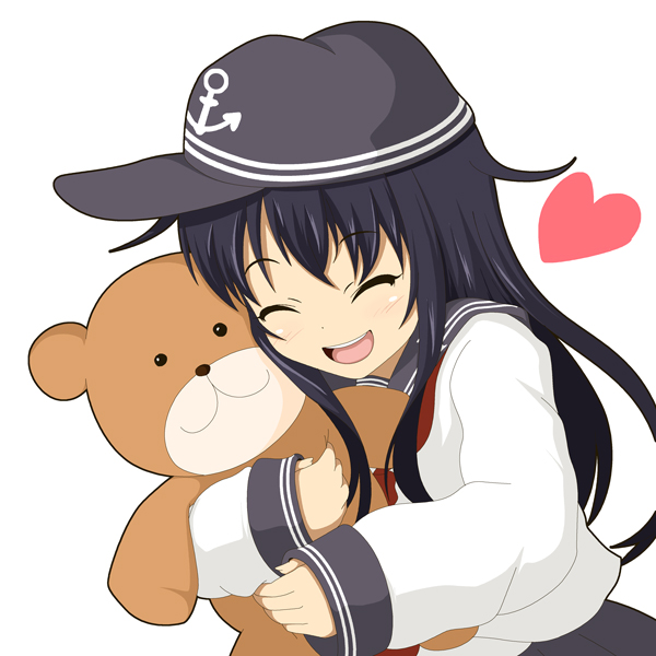 1girl :3 :d akatsuki_(kantai_collection) happy hat hug kantai_collection miicha open_mouth personification school_uniform serafuku smile stuffed_animal stuffed_toy teddy_bear