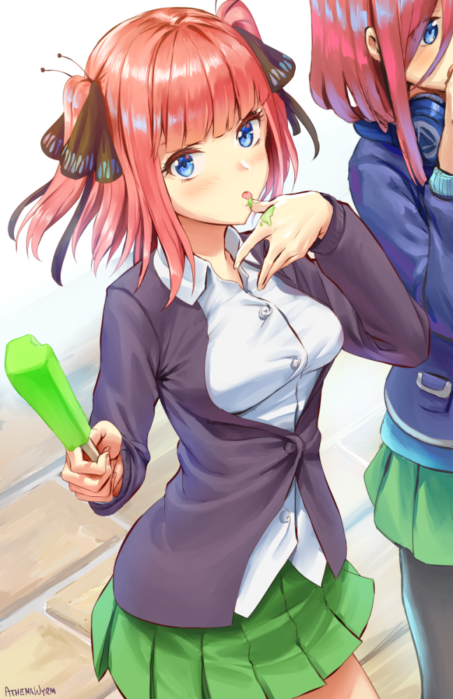 athenawyrm bangs black_ribbon blue_eyes blunt_bangs blush breasts butterfly_hair_ornament cardigan food from_above go-toubun_no_hanayome green_skirt hair_ornament hand_to_own_mouth holding holding_food licking licking_finger looking_at_viewer nakano_miku nakano_nino outdoors pink_hair popsicle purple_cardigan ribbon shirt skirt thighs tongue tongue_out twintails white_shirt