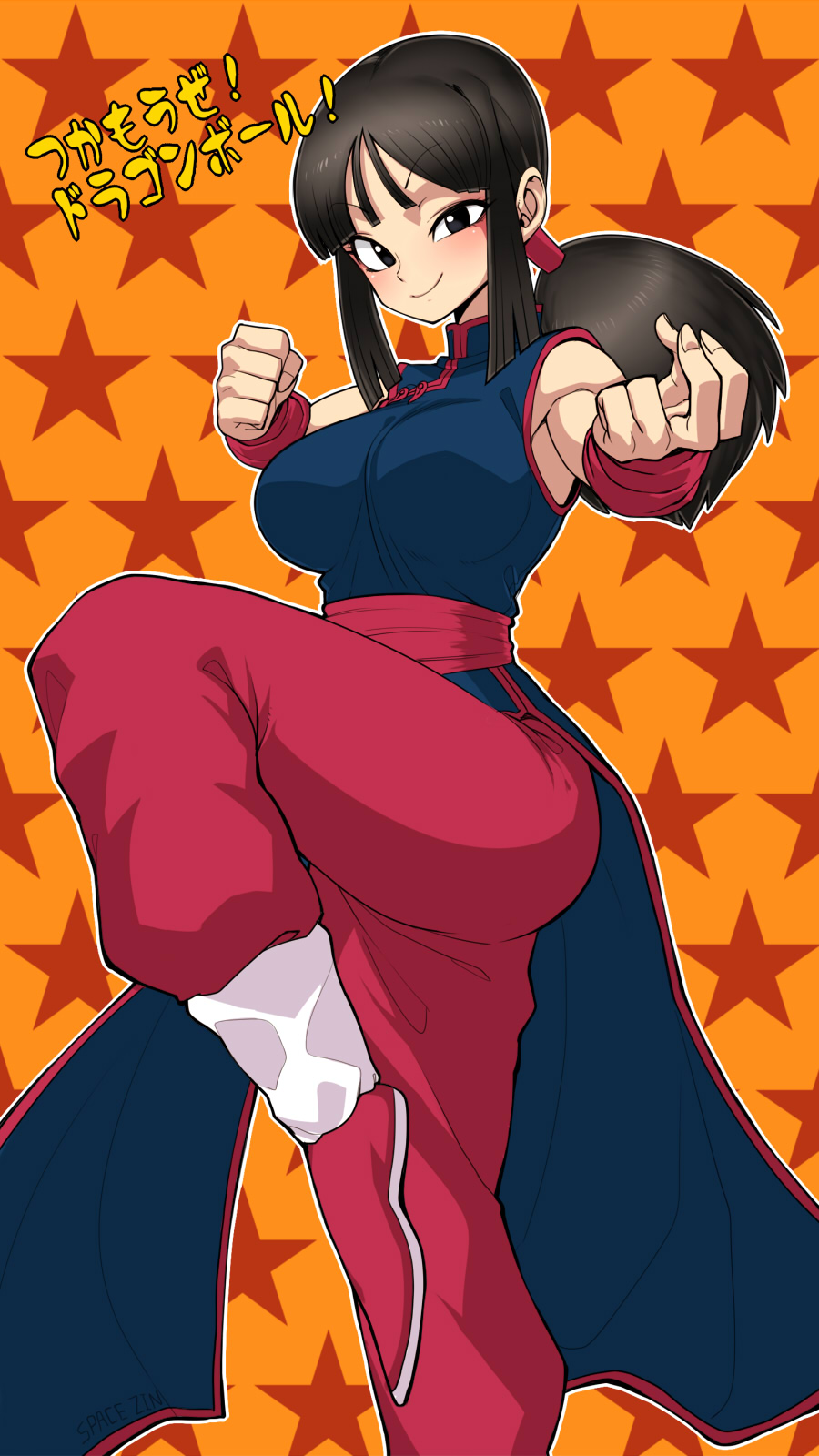 1girl black_eyes breasts brown_hair chichi dragon_ball highres large_breasts ponytail pose space_jin star starry_background