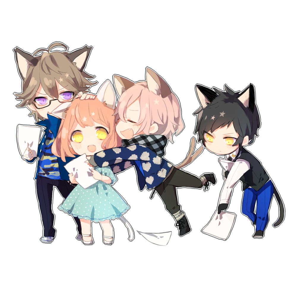 1girl 3boys ahoge animal_ears black_hair blush brown_hair cat_ears cat_tail chibi closed_eyes dress fang glasses gloves mikado_nagi multiple_boys nanami_haruka ootori_eiichi open_mouth paper pink_hair scarf short_hair smile sumeragi_kira sweater tail uta_no_prince-sama uta_no_prince-sama_maji_love_2000_percent violet_eyes yellow_eyes