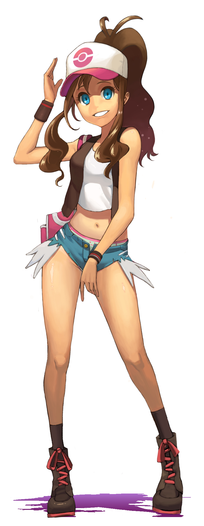 1girl blue_eyes boots brown_hair coon crop_top crop_top_overhang cutoffs denim denim_shorts grin hat high_ponytail highres long_hair looking_at_viewer midriff navel panties pokemon pokemon_(game) pokemon_bw revision shiny shiny_skin shirt short_shorts shorts sleeveless smile solo touko_(pokemon) unbuttoned underwear unzipped vest white_background white_panties white_shirt wristband