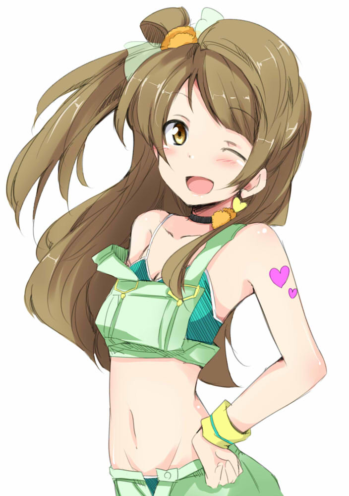 1girl blush brown_hair chata_maru_(irori_sabou) choker hand_on_hip heart long_hair looking_at_viewer love_live!_school_idol_project midriff minami_kotori navel one_eye_closed open_mouth simple_background tattoo white_background wink yellow_eyes