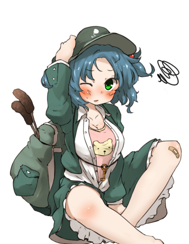 1girl amonitto backpack bag bandaid bandaid_on_knee bear_print blue_hair blush breasts cattail cleavage collarbone green_eyes hair_bobbles hair_ornament hand_on_headwear hat kawashiro_nitori looking_at_viewer one_eye_closed open_clothes open_jacket open_shirt plant simple_background sitting solo squiggle touhou twintails unbuttoned undershirt white_background wink