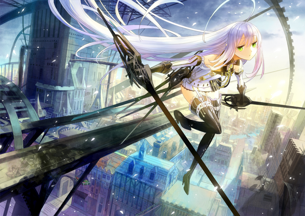 1girl cityscape dual_wielding fuumi_(radial_engine) green_eyes long_hair looking_at_viewer original purple_hair solo sword thigh-highs very_long_hair weapon