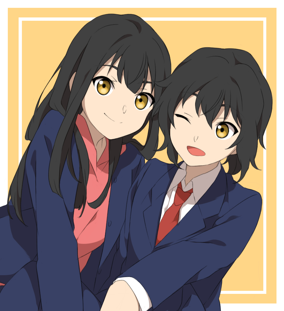 1boy 1girl black_hair kurebayashi_kazuki kurebayashi_yuzuki long_hair long_sleeves necktie one_eye_closed open_clothes open_jacket open_mouth school_uniform sekina selector_infected_wixoss short_hair siblings smile twins wink yellow_eyes