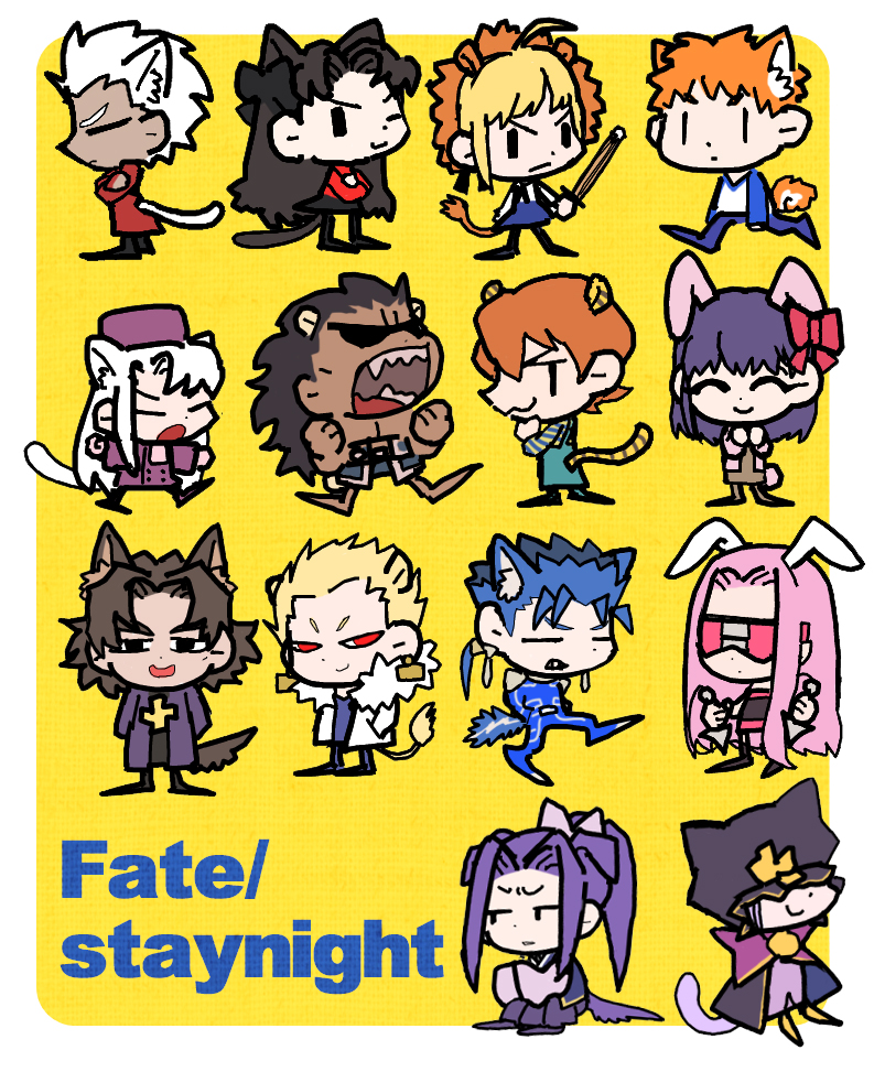 animal_ears archer assassin_(fate/stay_night) berserker caster cat_ears cat_tail chibi emiya_shirou fate/stay_night fate_(series) fujimura_taiga gilgamesh illyasviel_von_einzbern kemonomimi_mode kotomine_kirei lancer matou_sakura rider saber ss0aa tail tohsaka_rin toosaka_rin