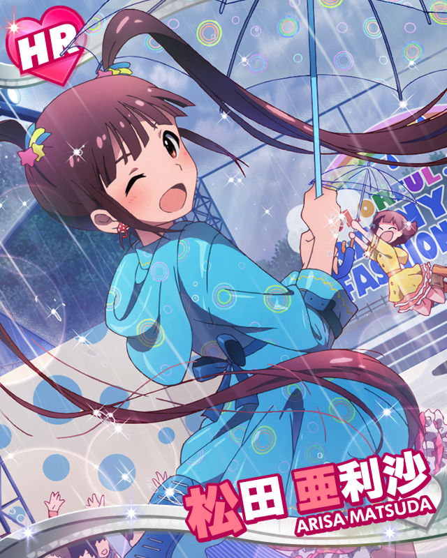 2girls ;d ^_^ blush brown_eyes brown_hair character_name closed_eyes earrings idolmaster idolmaster_million_live! jewelry lens_flare looking_at_viewer matsuda_arisa multiple_girls official_art one_eye_closed open_mouth rain raincoat skirt smile twintails umbrella wink