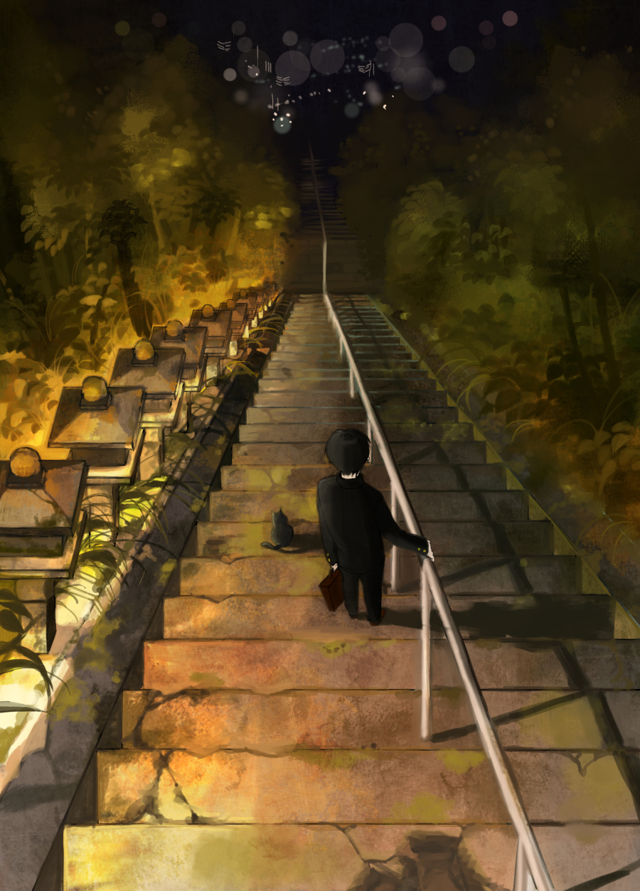 1boy animal back bag black_hair cat city_lights highres kurohal night original school_bag school_uniform short_hair stairs tree