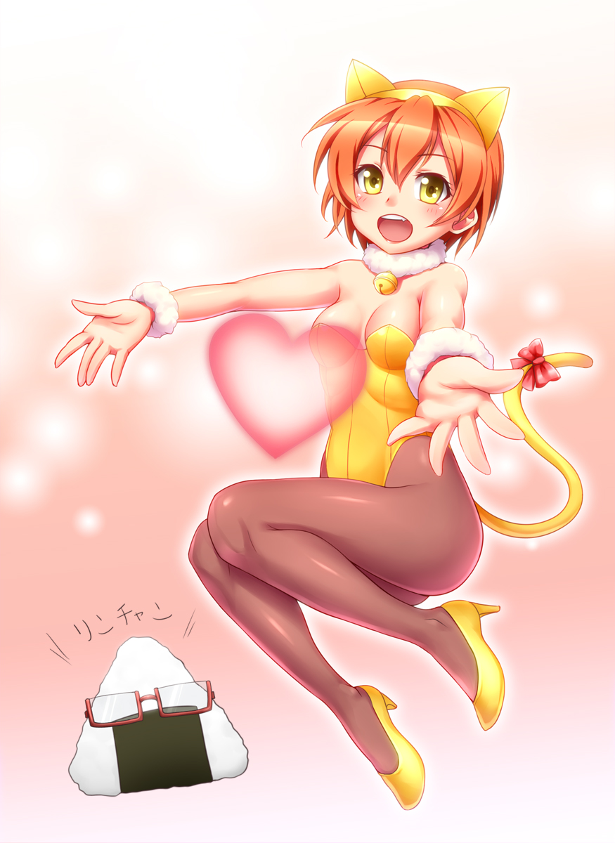 1girl animal_ears bare_shoulders bell blush breasts cat_ears cat_tail cleavage fake_animal_ears fang food glasses high_heels highres hoshizora_rin jingle_bell kittysuit leotard looking_at_viewer love_live!_school_idol_project onigiri open_mouth orange_hair outstretched_arms pantyhose short_hair smile solo surume_(clavis) tail tail_bow wristband yellow_eyes