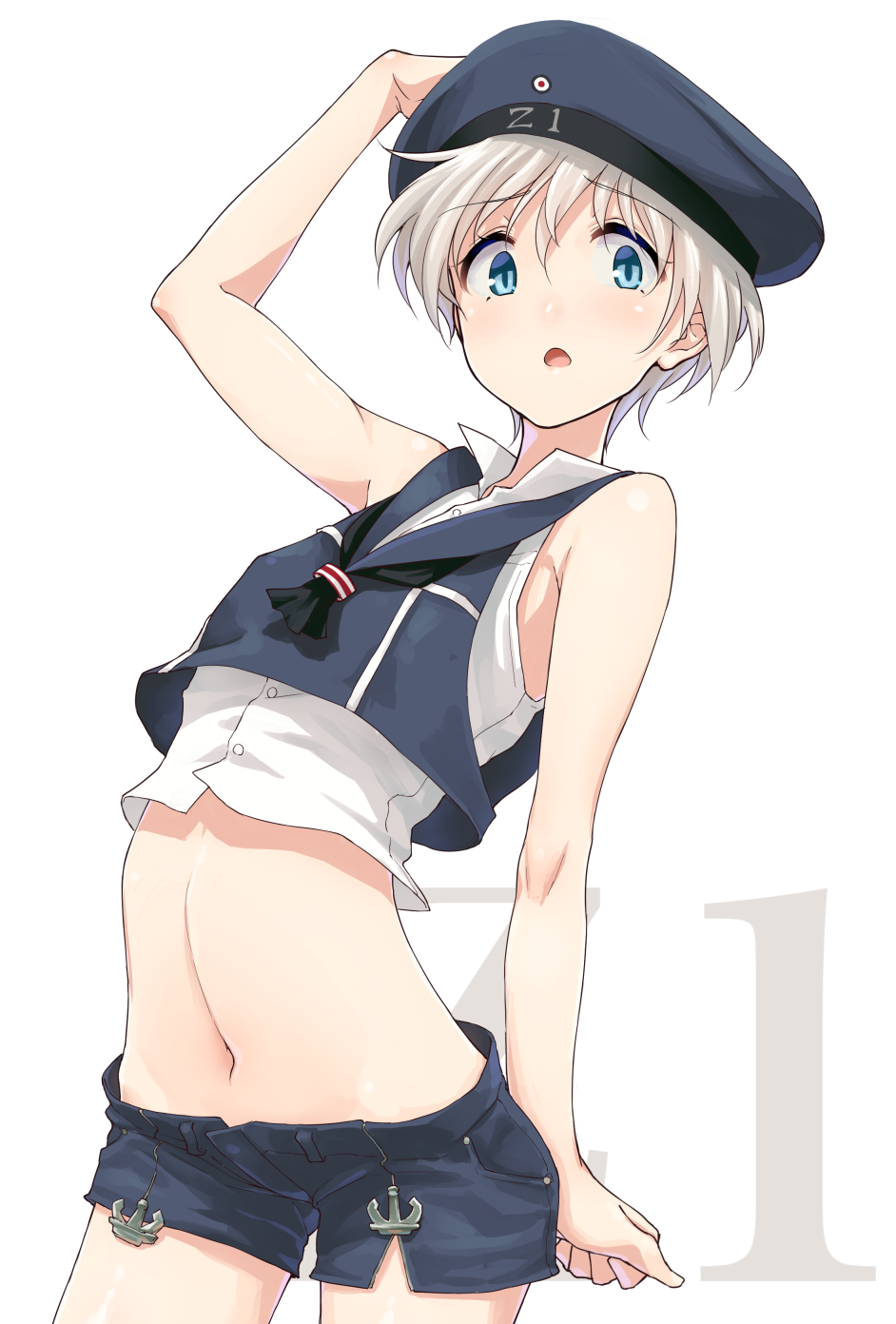 1girl alternate_costume anchor arm_up aya_shachou blue_eyes blush clothes_writing hand_on_headwear hat highres kantai_collection looking_at_viewer midriff navel open_mouth personification sailor_hat short_hair shorts silver_hair solo z1_leberecht_maass_(kantai_collection)