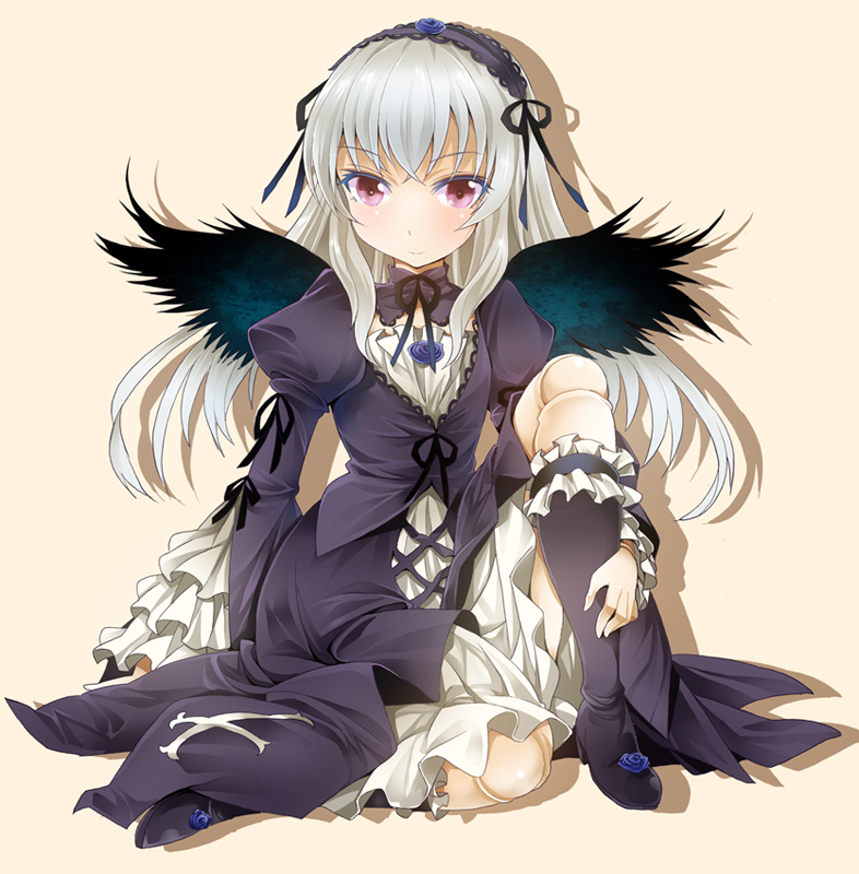 1girl albino black_dress blue_rose boots doll_joints dress flower gothic_lolita grey_hair hairband juliet_sleeves knee_boots lolita_fashion long_hair long_sleeves puffy_sleeves ratryu red_eyes rose rozen_maiden sitting solo suigintou wings