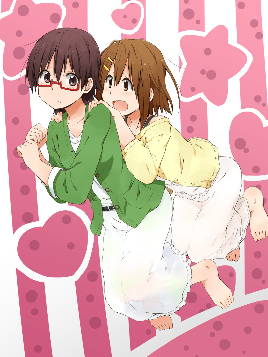 2girls barefoot blazer brown_eyes brown_hair casual glasses highres hirasawa_yui k-on! kagiana manabe_nodoka multiple_girls short_hair