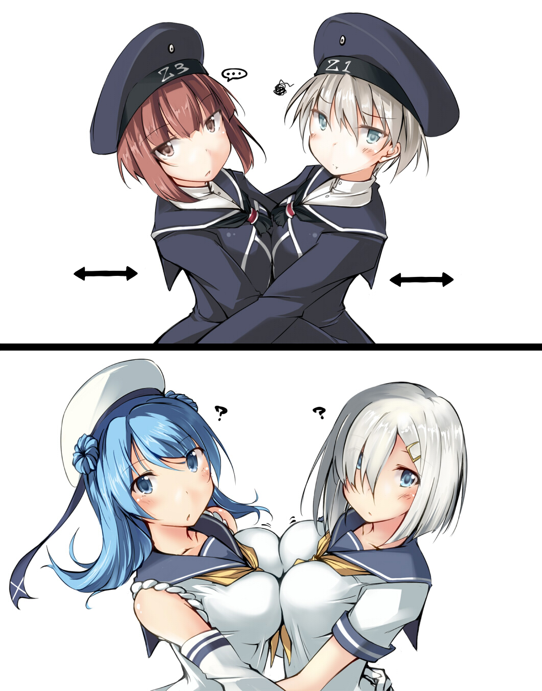 4girls breast_press breasts comparison hamakaze_(kantai_collection) hat highres kantai_collection multiple_girls symmetrical_docking tagme urakaze_(kantai_collection) z1_leberecht_maass_(kantai_collection) z3_max_schultz_(kantai_collection)