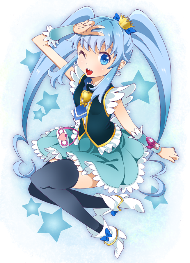 1girl ;d black_legwear blue_background blue_eyes blue_hair blue_skirt brooch crown cure_princess earrings female frills happinesscharge_precure! jewelry long_hair magical_girl mini_crown necktie one_eye_closed open_mouth precure ratryu shirayuki_hime shoes skirt smile solo star starry_background thigh-highs twintails wink wrist_cuffs