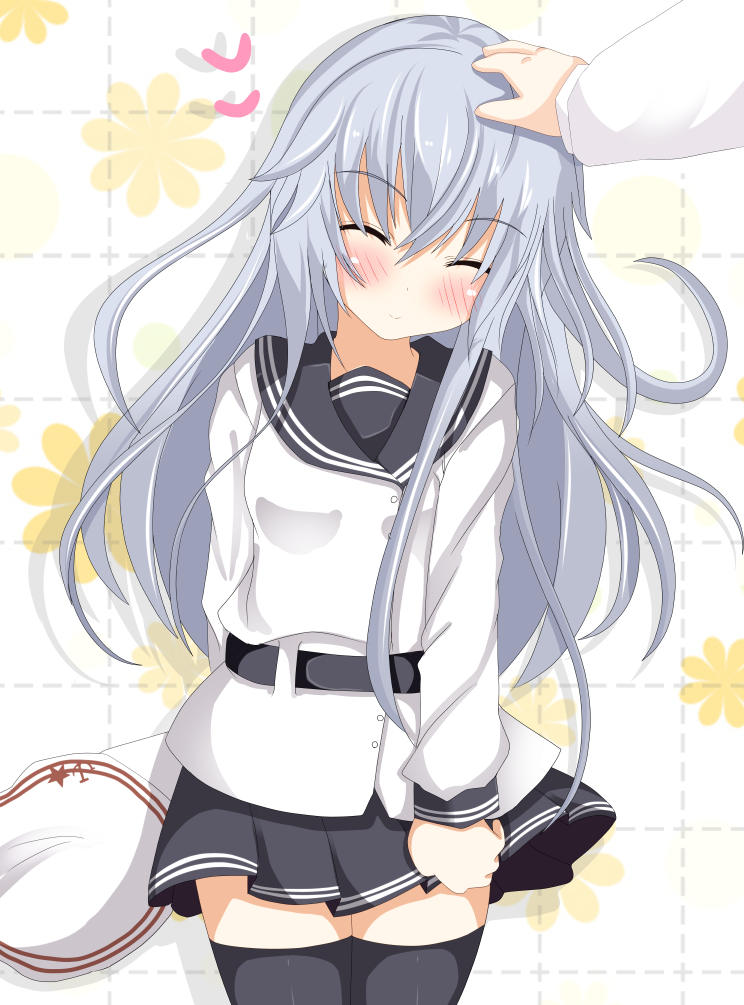 1girl admiral_(kantai_collection) anchor_symbol aruka_(alka_p1) black_legwear blush closed_eyes hat hibiki_(kantai_collection) kantai_collection long_hair school_uniform serafuku silver_hair skirt smile solo star thigh-highs verniy_(kantai_collection)