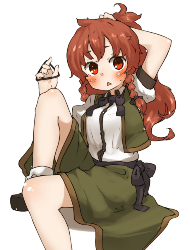 1girl :&lt; alternate_hairstyle amonitto arm_up blush braid brown_hair hong_meiling long_hair looking_at_viewer open_vest ponytail puffy_short_sleeves puffy_sleeves red_eyes ribbon sash shirt short_sleeves simple_background sitting skirt solo touhou twin_braids tying_hair white_background