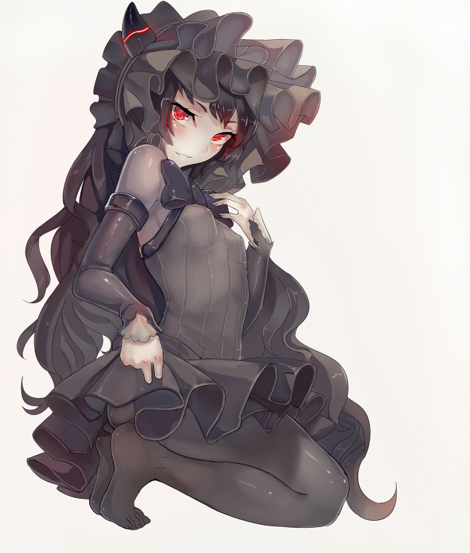 1girl black_hair black_legwear blush detached_sleeves dress gothic_lolita horns isolated_island_oni kantai_collection lolita_fashion long_hair looking_at_viewer pantyhose red_eyes shinkaisei-kan simple_background small_breasts smile solo walzrj