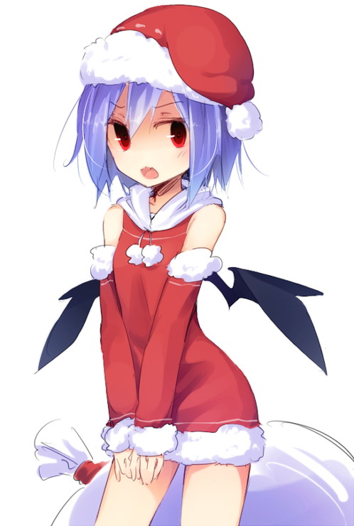 1girl alternate_costume bat_wings hat kazeharu looking_at_viewer open_mouth purple_hair red_eyes remilia_scarlet santa_costume santa_hat short_hair simple_background solo tagme touhou wavy_mouth white_background wings