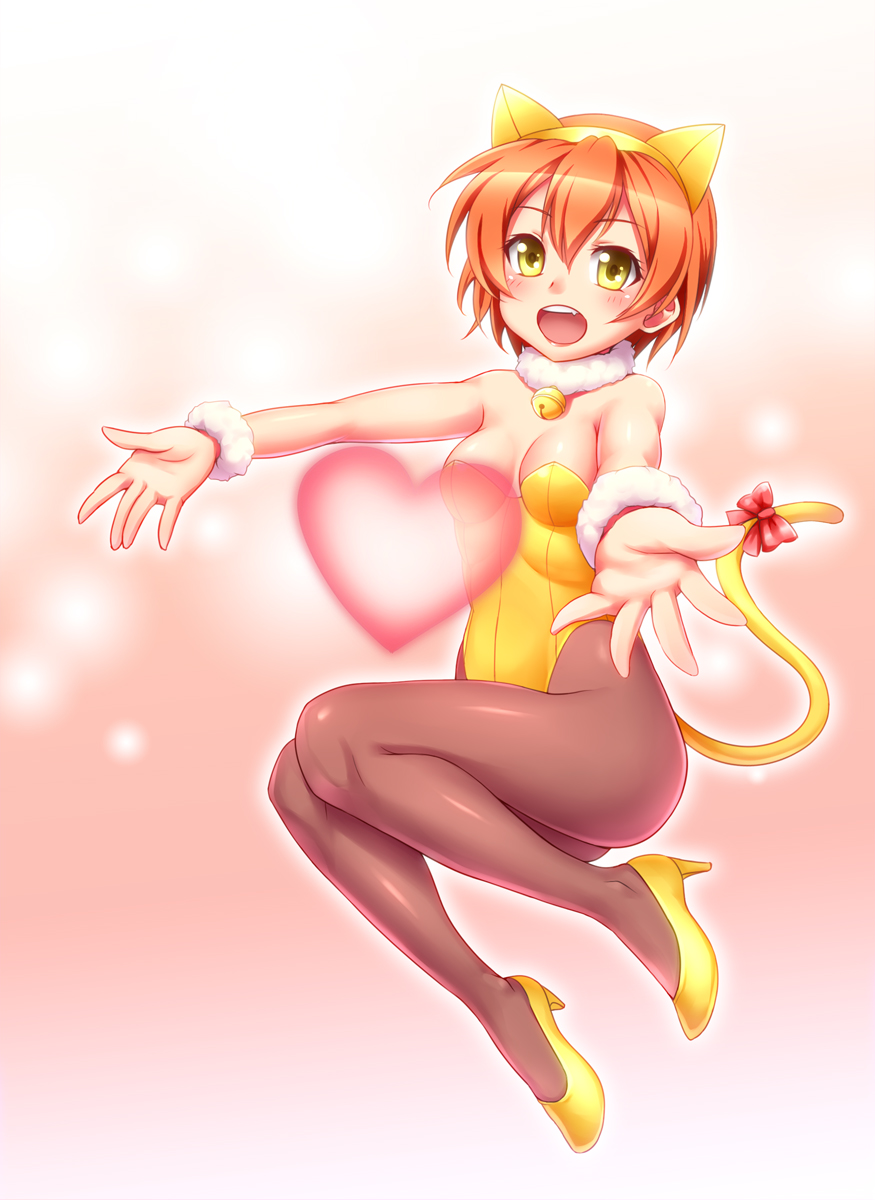 1girl animal_ears bare_shoulders blush breasts cat_ears cat_tail cleavage detached_collar fake_animal_ears fang high_heels highres hoshizora_rin looking_at_viewer love_live!_school_idol_project open_mouth orange_hair outstretched_arms pantyhose short_hair smile solo surume_(clavis) tail tail_bow wrist_cuffs yellow_eyes