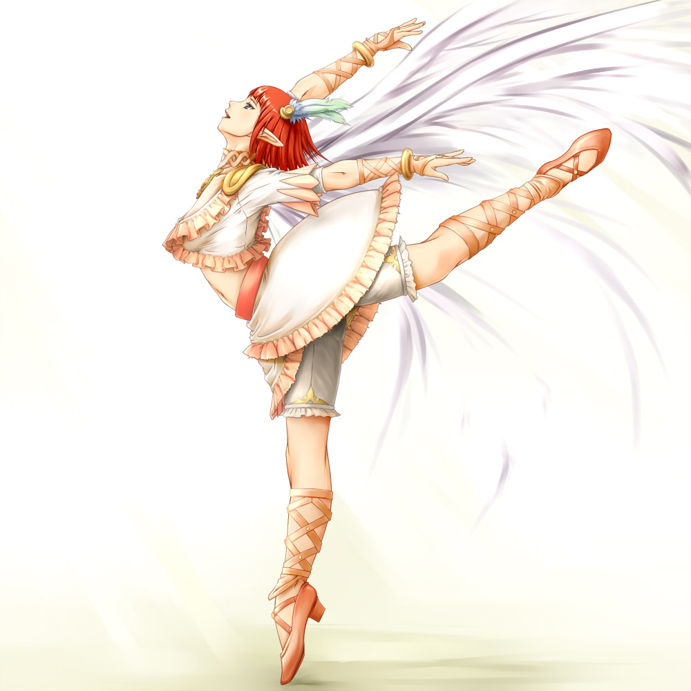 1girl arched_back blue_eyes breasts dancing final_fantasy final_fantasy_xi happy leg_up lilisette lucifa navel open_mouth pointy_ears profile redhead short_hair simple_background solo white_background