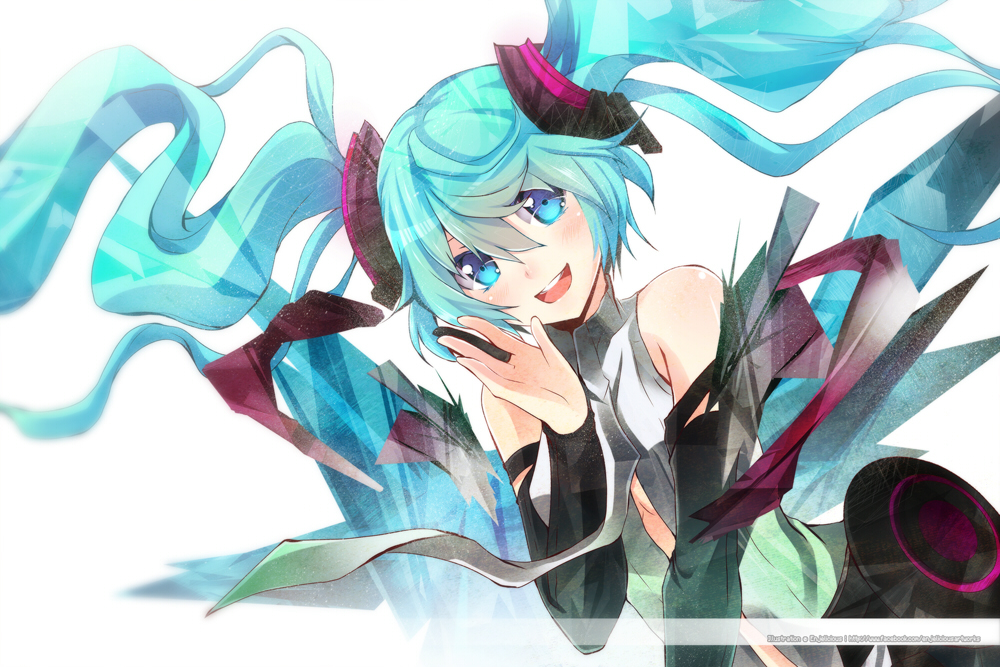 1girl aqua_eyes aqua_hair bridal_gauntlets enjelicious floating_hair hatsune_miku long_hair looking_at_viewer miku_append necktie open_mouth solo twintails vocaloid vocaloid_append