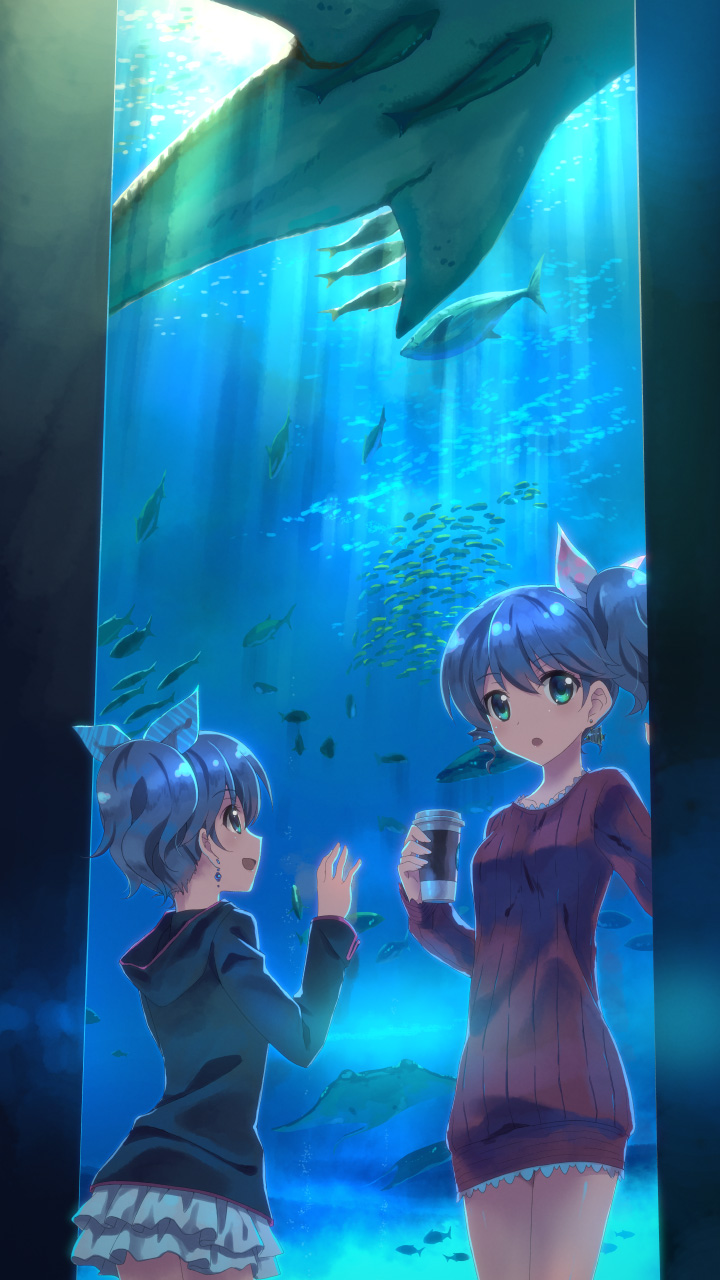 2girls aquarium blue_eyes blue_hair fish highres multiple_girls short_hair siblings side_ponytail sisters twins underwater yuuki_tatsuya