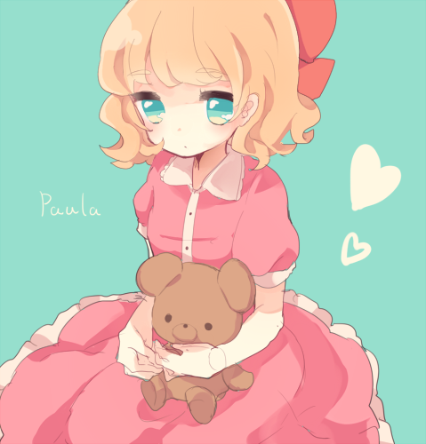 blonde_hair blue_eyes heart karunabaru lowres mother_(game) mother_2 nintendo paula_polestar ribbon stuffed_animal stuffed_toy teddy_bear