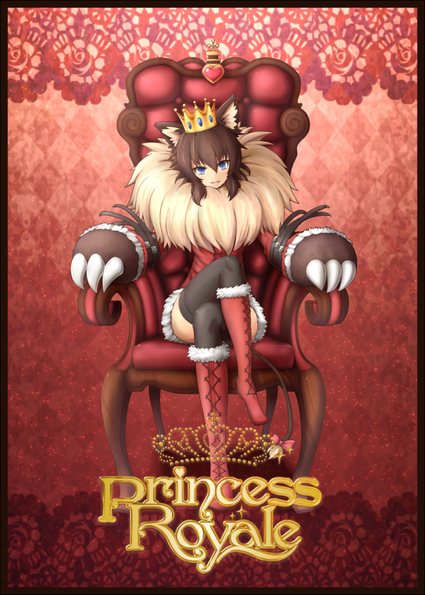 1girl animal_ears beauty_and_the_beast blue_eyes boots brown_hair claws cross-laced_footwear crossed_legs crown fur_trim lace-up_boots mane monster_girl original princess_royale sitting smile solo tail tail_bow tyanbaku