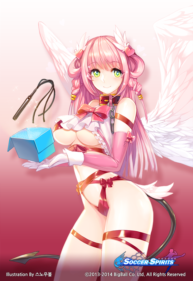 1girl angel_wings blush breasts chain cleavage collar demon_tail elbow_gloves gloves green_eyes hair_ornament heart large_breasts long_hair looking_at_viewer original pink_hair smile snowball22 soccer_spirits solo tail whip white_gloves white_wings wings