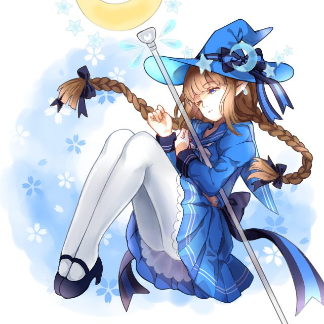 bow braid brown_hair crescent_moon hat hat_bow long_hair mana_(418208360) mary_janes moon one_eye_closed oounabara_to_wadanohara pantyhose sailor_dress shoes star twin_braids wadanohara witch_hat