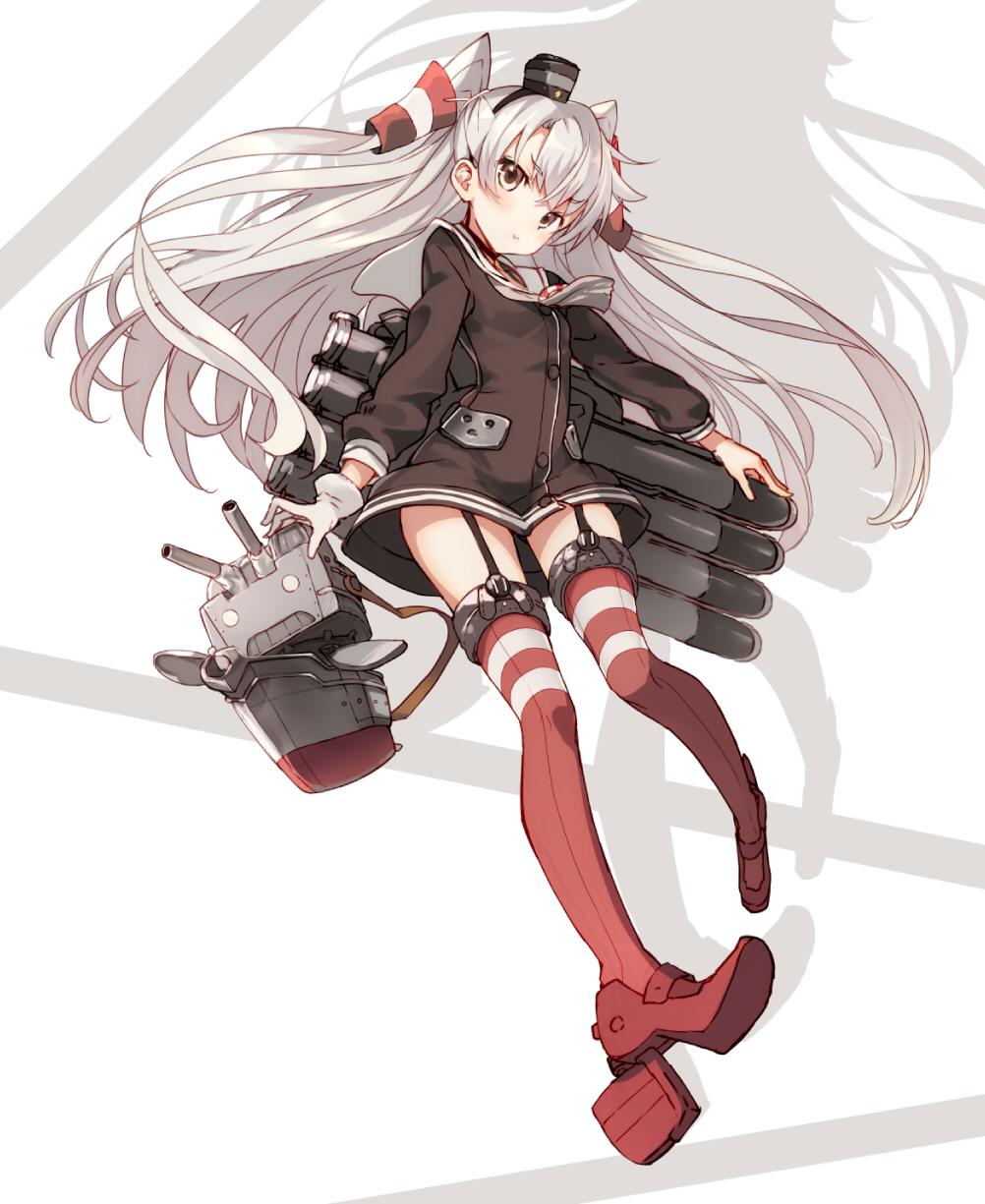 1girl :t amatsukaze_(kantai_collection) brown_eyes full_body garter_straps gloves hair_ornament high_heels highres kantai_collection long_hair looking_at_viewer mecha_musume mini_hat personification pout red_legwear rensouhou-kun sailor_dress shirabi_(life-is-free) silver_hair simple_background solo thigh-highs torpedo two_side_up very_long_hair white_background white_gloves