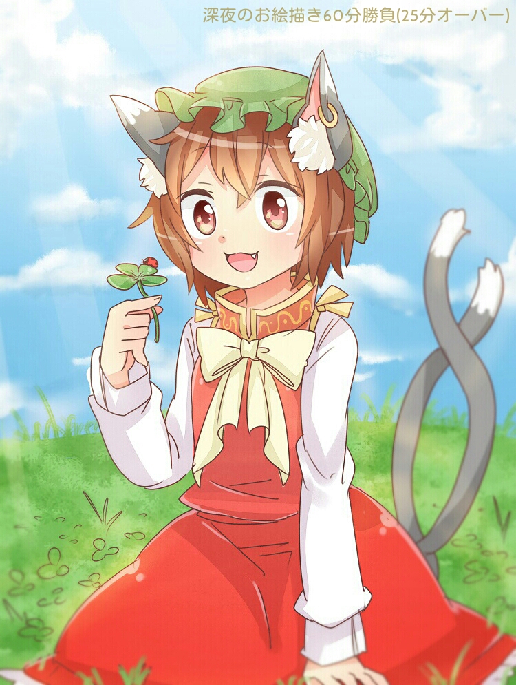 1girl animal_ears blue_sky bow brown_eyes brown_hair cat_ears cat_tail chen clouds clover dress ear_piercing fang four-leaf_clover ibarashiro_natou jewelry ladybug mob_cap multiple_tails open_mouth piercing red_dress shirt single_earring sky smile solo tail touhou translation_request