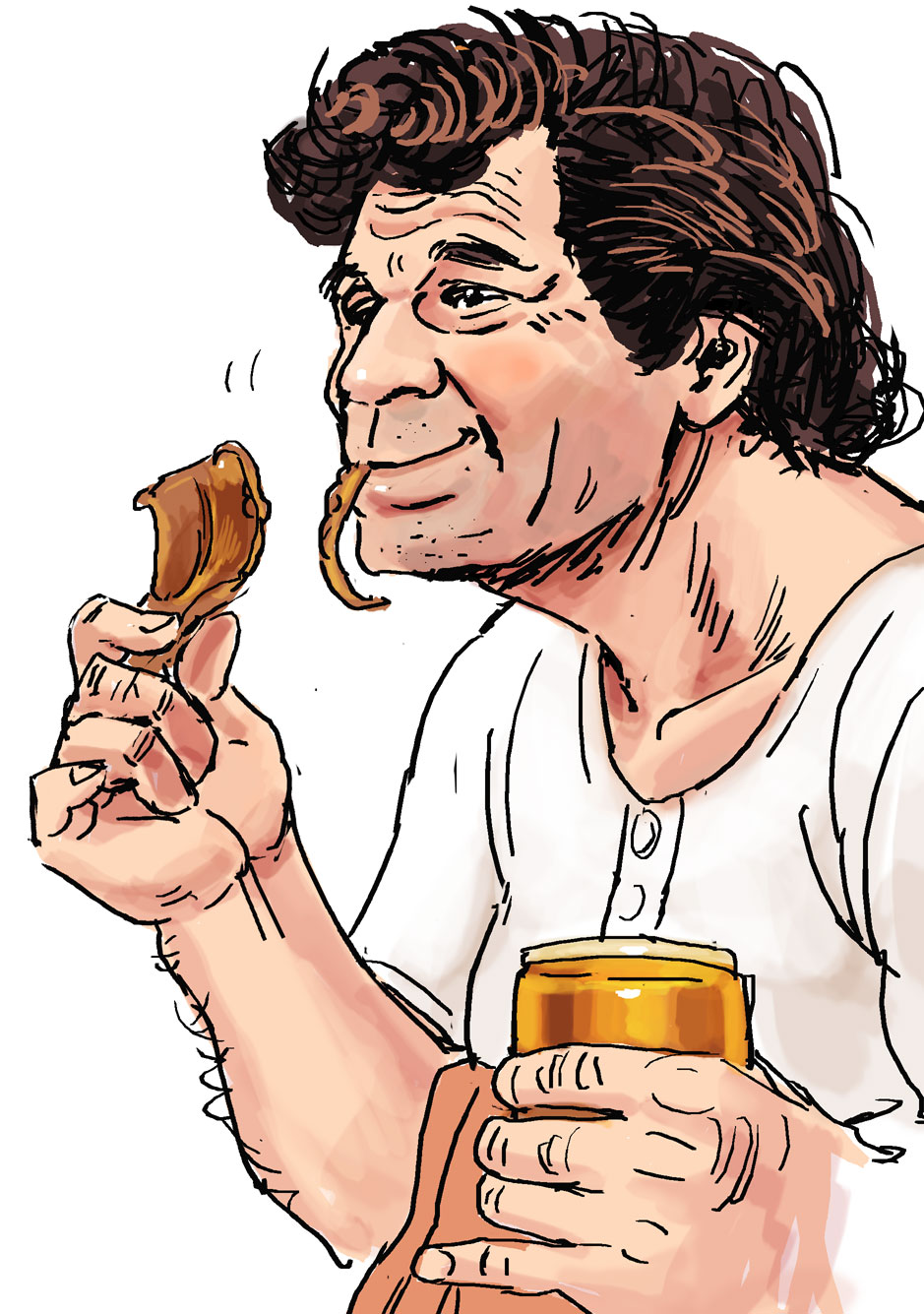 1boy beer_can brown_hair can columbo_(detective) eating facial_hair food_in_mouth highres lafolie sketch sleepwear stubble