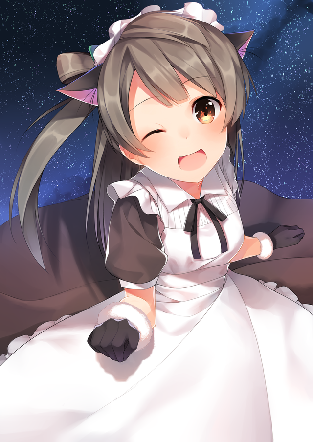 1girl 7zu7 animal_ears black_gloves brown_hair cat_ears gloves kemonomimi_mode long_hair looking_at_viewer love_live!_school_idol_project maid maid_headdress minami_kotori one_eye_closed open_mouth solo wink yellow_eyes