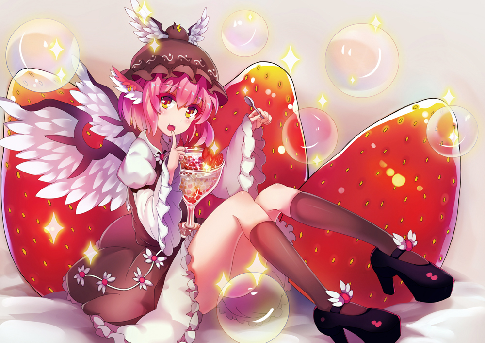 1girl amber_eyes animal_ears bird_wings brown_dress dress earrings food fruit hat ice_cream jewelry long_sleeves looking_at_viewer mystia_lorelei open_mouth oversized_object pink_hair qin shirt sitting smile solo sparkle spoon strawberry sundae touhou wide_sleeves wings