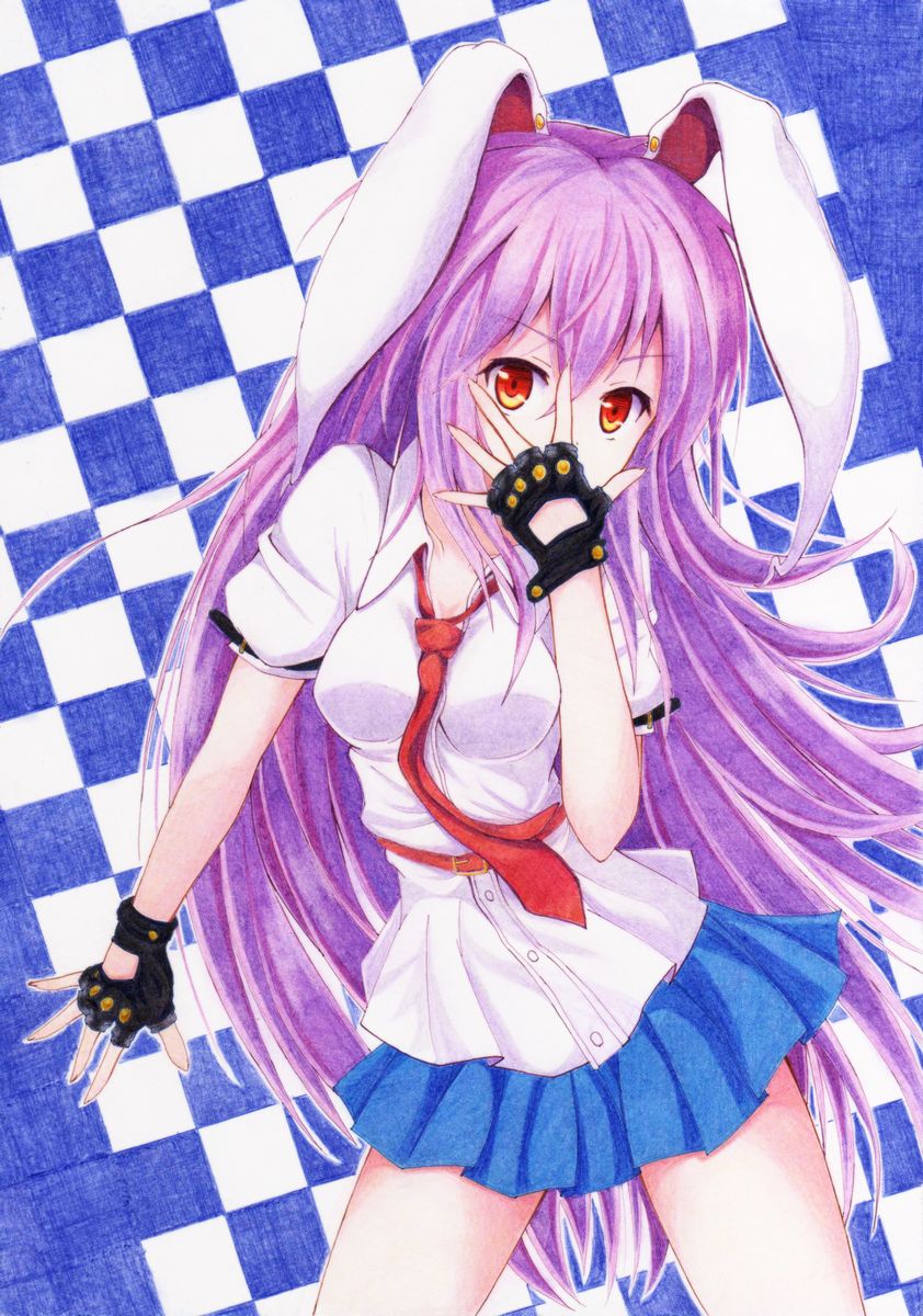 1girl animal_ears black_gloves breasts covering_mouth fingerless_gloves gloves highres kittona long_hair looking_at_viewer millipen_(medium) necktie pencil_crayon_(medium) pleated_skirt pose purple_hair rabbit_ears red_eyes reisen_udongein_inaba shirt skirt solo touhou traditional_media very_long_hair watercolor_(medium) watercolor_pencil_(medium)