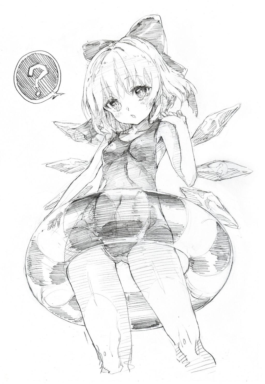 1girl ? alternate_costume armpits blush bow cirno floater graphite_(medium) hair_bow hair_ornament highres ice ice_wings looking_at_viewer monochrome open_mouth oshake pencil_crayon_(medium) short_hair simple_background solo swimsuit touhou traditional_media white_background wings
