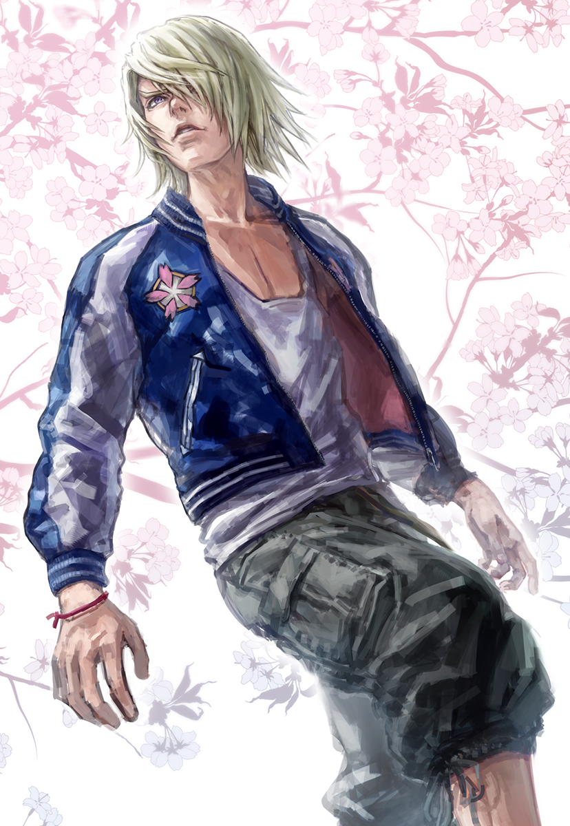 1boy bibirii blonde_hair cherry_blossoms highres ivan_karelin jacket letterman_jacket purple_jacket solo tiger_&amp;_bunny violet_eyes