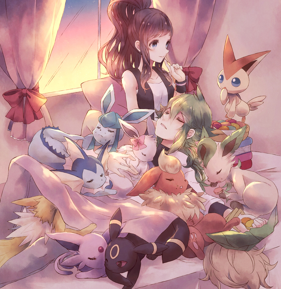 1boy 1girl alternate_color bed blush book brown_hair closed_eyes couple eevee espeon flareon glaceon green_hair hair_ribbon hand_to_own_mouth hetero high_ponytail jolteon kabocha_torute leafeon long_hair n_(pokemon) pokemon pokemon_(creature) pokemon_(game) pokemon_bw ribbon shiny_pokemon sleeping smile touko_(pokemon) umbreon vaporeon vest victini wristband