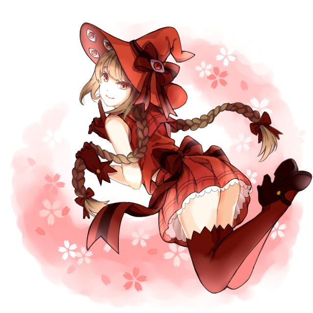 1girl bow braid brown_hair dark_persona gloves hair_bow hat hat_bow long_hair mana_(418208360) oounabara_to_wadanohara red_eyes sleeveless solo spoilers thigh-highs twin_braids very_long_hair wadanohara witch_hat