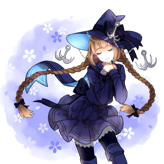 1girl anchor boots bow braid brown_hair closed_eyes frills hair_bow hat hat_bow long_hair mana_(418208360) oounabara_to_wadanohara pantyhose sailor_dress smile solo twin_braids wadanohara witch_hat