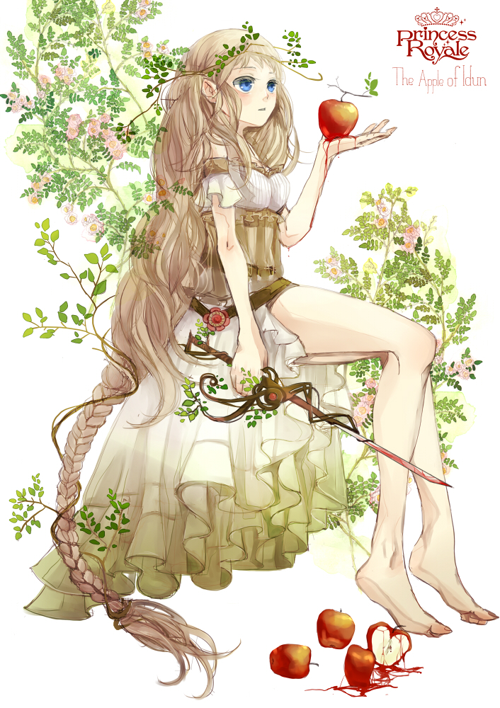 1girl aiha-deko apple bare_shoulders barefoot blood braid brown_hair copyright_name detached_sleeves food fruit idun_(norse_mythology) long_hair norse_mythology princess_royale solo sword very_long_hair weapon