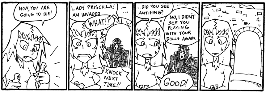 1girl 4koma comic dark_souls doll fang flying_sweatdrops knight long_hair monochrome playing priscilla_the_crossbreed setz souls_(from_software) surprised