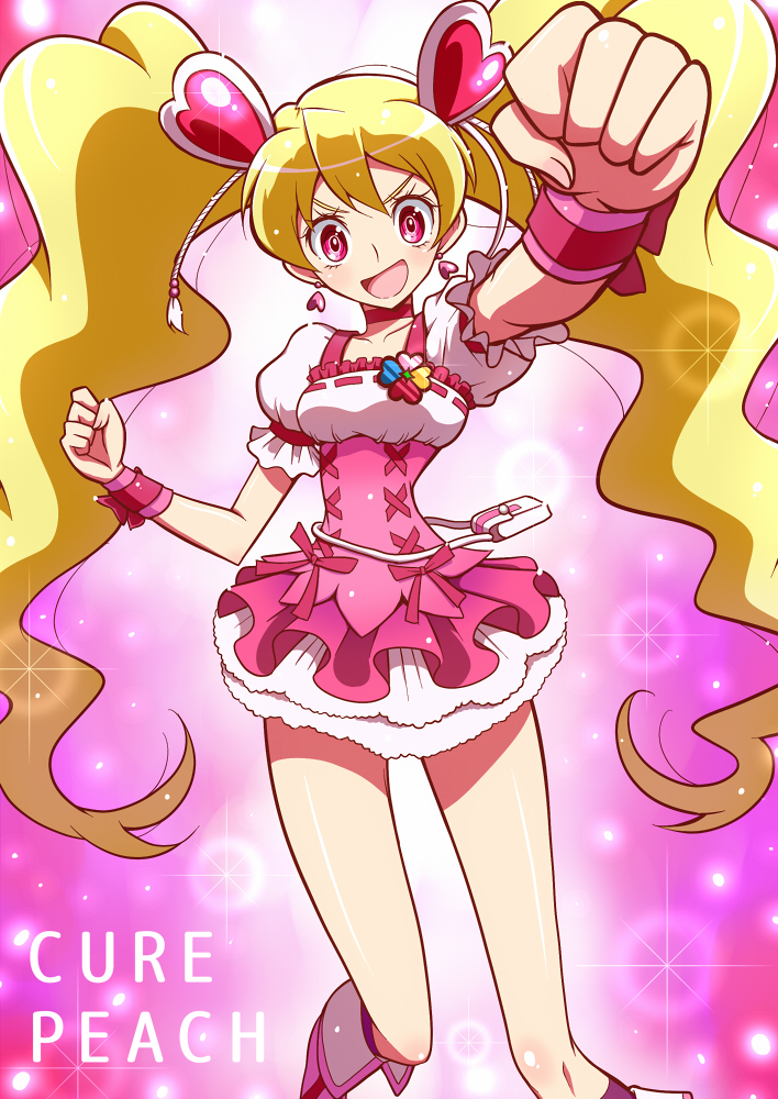 1girl arm_up blonde_hair boots character_name choker clenched_hand corset cure_peach fresh_precure! hair_ornament heart_hair_ornament knee_boots long_hair magical_girl momozono_love pink_background pink_eyes pink_skirt precure shirono skirt smile solo sparkle twintails wrist_cuffs