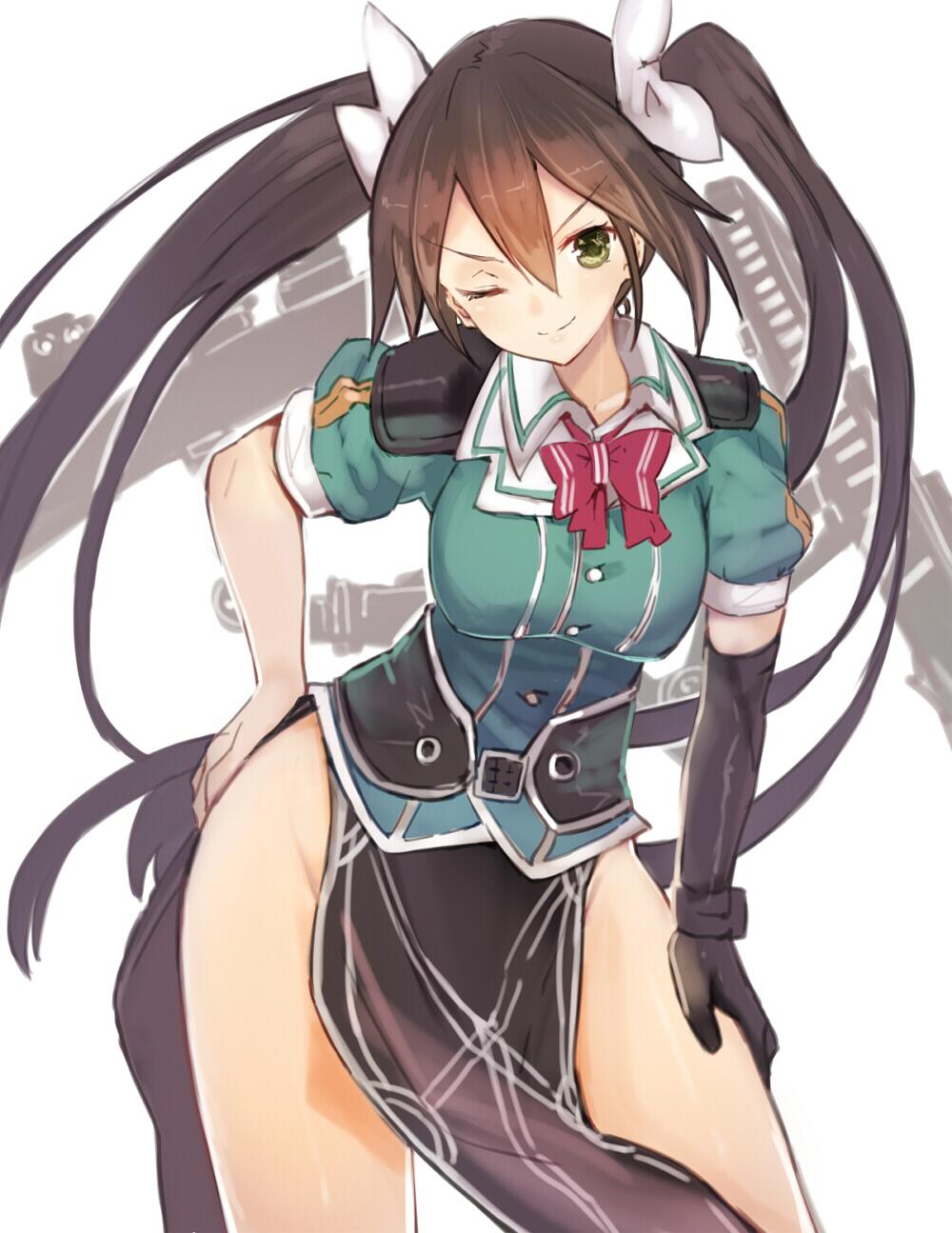 1girl black_gloves bow bowtie brown_hair contrapposto elbow_gloves gloves green_eyes hair_between_eyes hair_bow hand_on_hip highres kantai_collection leaning_forward loincloth long_hair mecha_musume no_panties one_eye_closed personification simple_background single_elbow_glove smile solo sumisu_(mondo) tone_(kantai_collection) twintails very_long_hair white_background